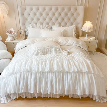 Luxury White Korean Princess 100% Cotton Rose Flowers Lace Bedding